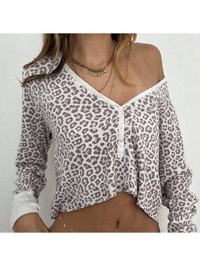 Multicolor Casual Women's Leopard Print Button-Up Long Sleeve T-Shirt